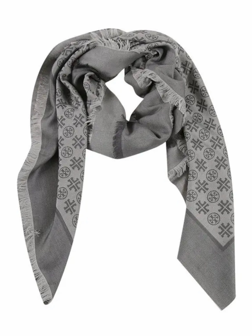 Tory Burch T Monogram Jacquard Fringe Scarf Silk Wool Cashmere All Over Print